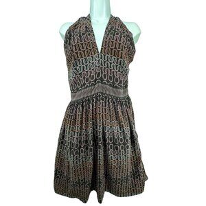 Trina Turk Halter Dress Sz 8 Black Chain Print Silk Flowy Lined Backless Artsy